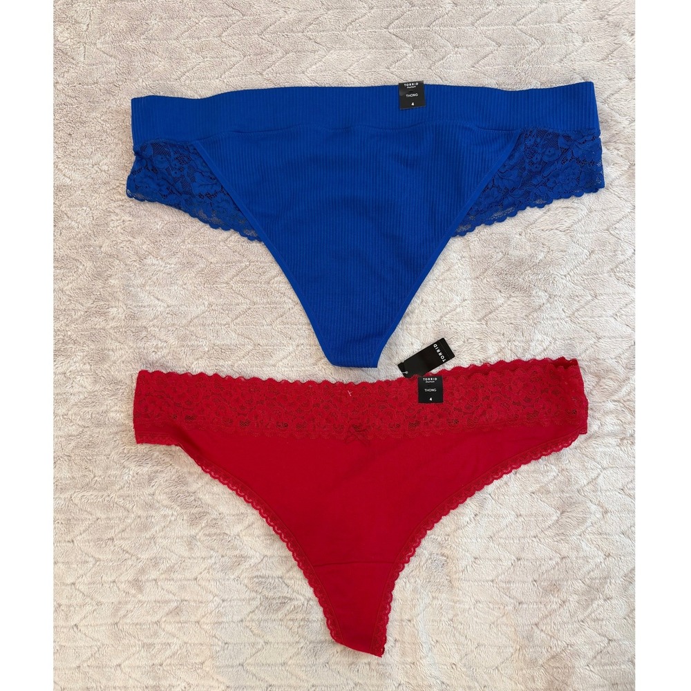 Torrid Plus Size 4 4X Thong Panty Lot 2 Red Blue Lace Ribbed Cotton Lingerie NWT